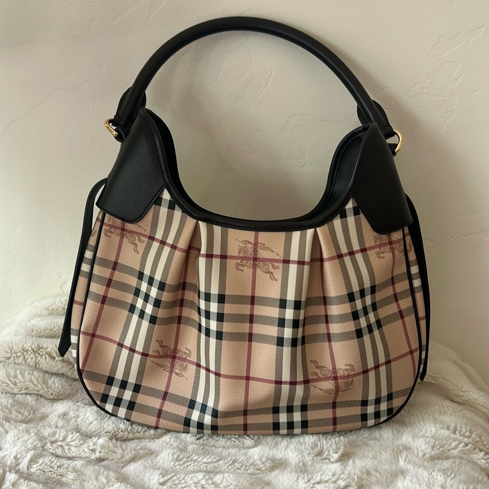 Burberry Haymarket Print Bag. PVC with leather accents. Never used.